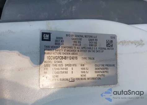 2011 Chevrolet Express 2500 Work Van z USA, uszkodzony, nr VIN 1GCWGFCB4B1124016